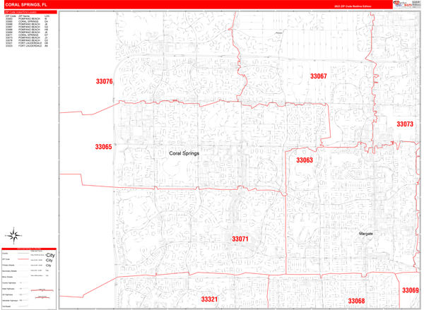 Coral Springs City Wall Map Red Line Style